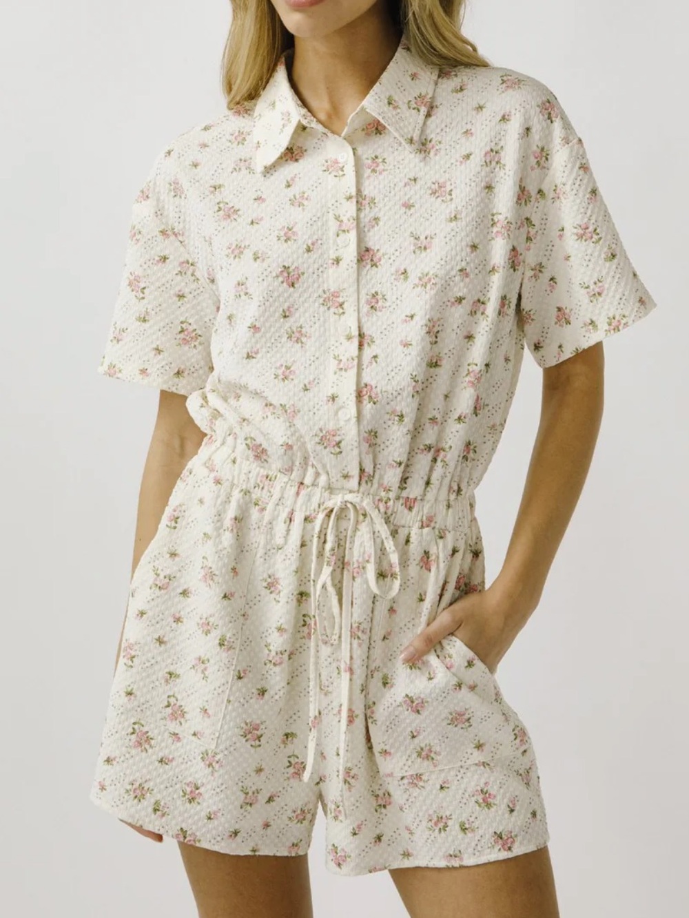 Floral Drawstring Romper in Cream and Pink